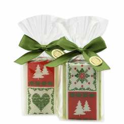 Schafmilchseife eckig 100g dekoriert mit Dekoband in Cello, Classic/Eisenkraut 