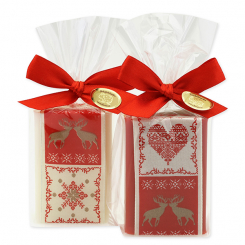 Schafmilchseife eckig 100g dekoriert mit Dekoband in Cello, Classic/Granatapfel 