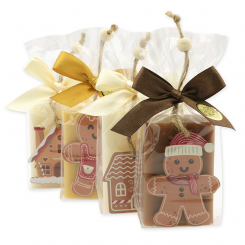 Schafmilchseife eckig 100g dekoriert mit Deko Lebkuchen in Cello, sortiert 