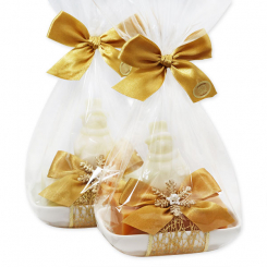 Schafmilchseife eckig 150g auf Seifenschale dekoriert mit Seife Schneemann 40g in Cello, Classic/Quitte 