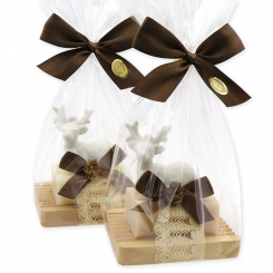 Schafmilchseife eckig 100g auf Seifenschale dekoriert mit Hirsch in Cello, Classic/Mandelöl 