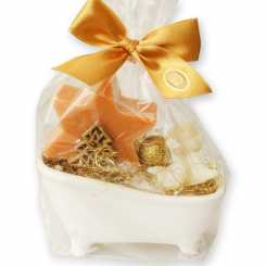 Badewanne klein gefüllt mit Schafmilchseife Stern 80g und Engel 20g dekoriert in Cello, Classic/Zirbe 