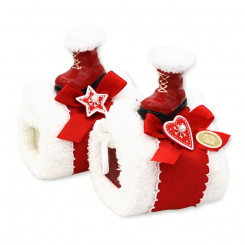 Schafmilchseife eckig 100g mit Waschlappen, dekoriert mit Stiefel, Classic/Granatapfel 