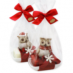 Schafmilchseife 150g auf Seifenschale dekoriert mit Eule in Cello, Classic/Granatapfel 