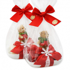 Schafmilchseife 150g auf Seifenschale dekoriert mit Bär in Cello, Classic/Granatapfel 