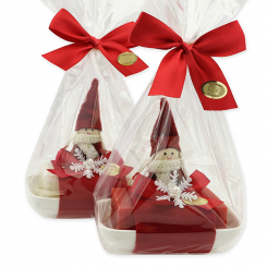 Sheep milk soap 150g on a soap dish decorated with a gnome in a cellophane, Classic/pomegranate 