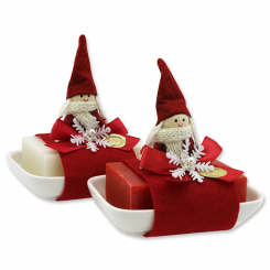 Sheep milk soap 150g on a soap dish decorated with a gnome, Classic/pomegranate 