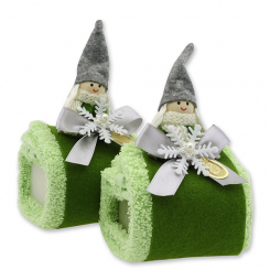 Schafmilchseife eckig 100g mit Waschlappen, dekoriert mit Filzwichtel, Classic/Eisenkraut 