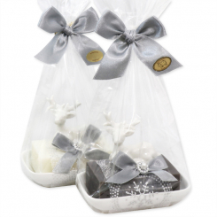 Schafmilchseife eckig 150g auf Seifenschale dekoriert mit Hirsch in Cello, Classic/Christrose 