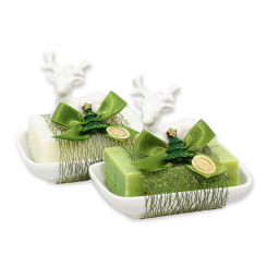 Schafmilchseife eckig 150g auf Seifenschale dekoriert mit Hirsch, Classic/Eisenkraut 