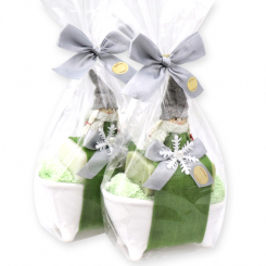 Badewanne gefüllt mit Schafmilchseife eckig 100g dekoriert mit Wichtel in Cello, Classic/Eisenkraut 