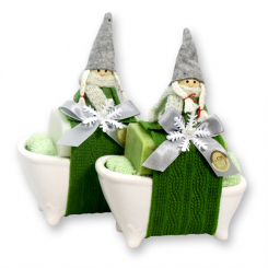 Badewanne gefüllt mit Schafmilchseife eckig 100g dekoriert mit und Wichtel, Classic/Eisenkraut 