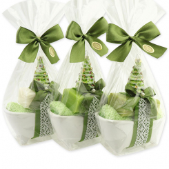 Badewanne klein gefüllt mit Schafmilchseife eckig 100g dekoriert mit Baum in Cello, sortiert 