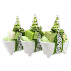 Badewanne klein gefüllt mit Schafmilchseife eckig 100g dekoriert mit Baum, sortiert 