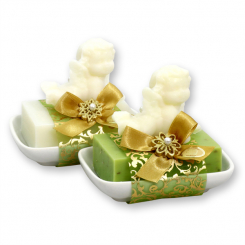 Sheep milk soap 150g on a soap dish decorated with a soap angel 50g, Classic/verbena 