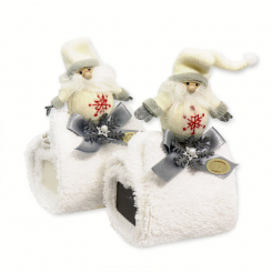 Sheep milk soap 100g wrapped with a wash cloth, decorated with a gnome, Classic/chrismas rose silver 