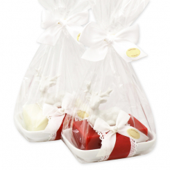 Sheep milk soap 150g on a soap dish decorated with a deer in a cellophane, Classic/pomegranate 
