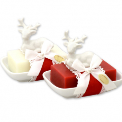 Sheep milk soap 150g on a soap dish decorated with a deer, Classic/pomegranate 