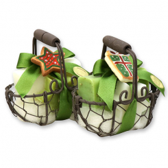 Drahtkorb gefüllt mit Schafmilchseife eckig 100g und Stern 20g dekoriert mit weihnachtliche Motive, Classic/Eisenkraut 