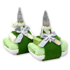 Sheep milk soap 'Luxury' 100g on a soap dish decorated with a gnome and a hand towel, Classic/verbena 