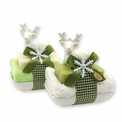 Schafmilchseife 'Luxus' 100g auf Seifenschale dekoriert mit Hirsch, Classic/Eisenkraut 