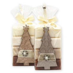 Schafmilchseife eckig 4x100g dekoriert mit Tannenbaum in Cello, sortiert 