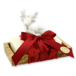 Sheep milk soap 200g on an olive wood soap dish decorated with a deer, Classic 
