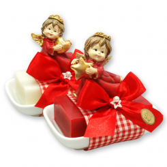 Schafmilchseife eckig 150g auf Seifenschale dekoriert mit Engel, Classic/Granatapfel 