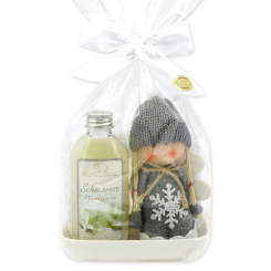 Pflegeset 3-teilig mit Stoffengel in Cello, Schneerose 