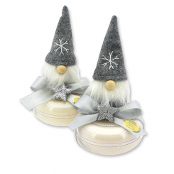 Schafmilchseife rund 100g in der Dose dekoriert mit Wichtel, Classic/Schneerose 