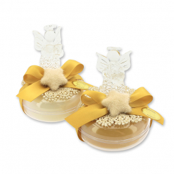 Schafmilchseife rund 100g in der Dose dekoriert mit Glasengel, Classic/Zirbe 