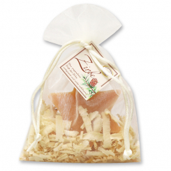Sheep milk soap star 80g, decorated with swiss pine shavings in organza, Swiss pine 