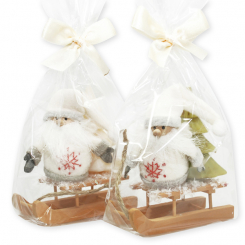 Schafmilchseife Tannenbaum 42g dekoriert mit Wichtel auf Holzschlitten in Cello, Classic 