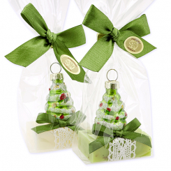 Schafmilchseife Gästeseife 25g dekoriert mit Glasbaum in Cello, Classic/Eisenkraut 