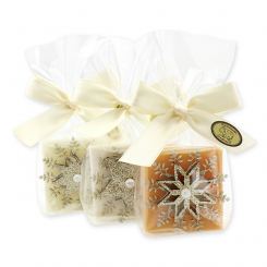 Schafmilchseife Quadrat 35g dekoriert mit Schneeflocke in Cello, sortiert 