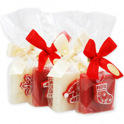 Schafmilchseife Quadrat 35g dekoriert mit Weihnachtsmotive in Cello, Classic/Granatapfel 