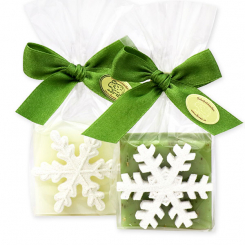 Schafmilchseife Quadrat 35g dekoriert mit Schneeflocke in Cello, Classic/Eisenkraut 