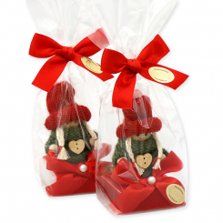 Schafmilchseife Quadrat 35g dekoriert mit Wollwichtel in Cello, Classic/Granatapfel 