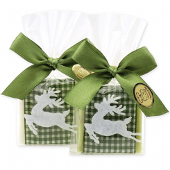 Schafmilchseife Quadrat 35g dekoriert mit Filzhirsch in Cello, Classic/Eisenkraut 