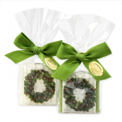 Schafmilchseife Quadrat 35g dekoriert mit Dekoband in Cello, Classic/Eisenkraut 