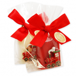 Schafmilchseife Gästeseife 25g dekoriert mit Lokomotive in Cello, Classic/Granatapfel 