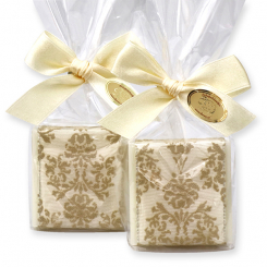 Schafmilchseife Quadrat 35g dekoriert mit Dekoband in Cello, Classic 