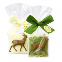 Schafmilchseife Quadrat 35g dekoriert mit Filzhirsch in Cello, Classic/Eisenkraut 