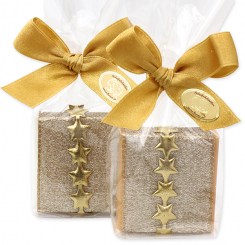 Schafmilchseife Quadrat 35g dekoriert mit Dekobänder in Cello, Classic/Quitte 