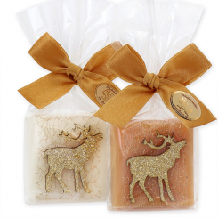 Schafmilchseife Quadrat 35g dekoriert mit Hirsch in Cello, Classic/Quitte 
