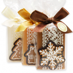 Schafmilchseife eckig 100g dekoriert mit Lebkuchenmotiven in Cello, sortiert 