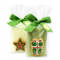 Schafmilchseife eckig 100g dekoriert mit Deko Lebkuchen in Cello, Classic/Eisenkraut 