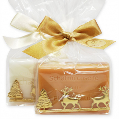 Schafmilchseife eckig 100g dekoriert mit Dekoband Wald in Cello, Classic/Quitte 