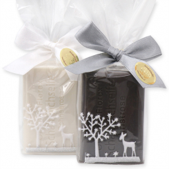 Schafmilchseife eckig 100g dekoriert mit Dekoband in Cello, Schneerose/Christrose 