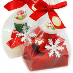 Schafmilchseife eckig 100g dekoriert mit Stiefel in Cello, Classic/Granatapfel 